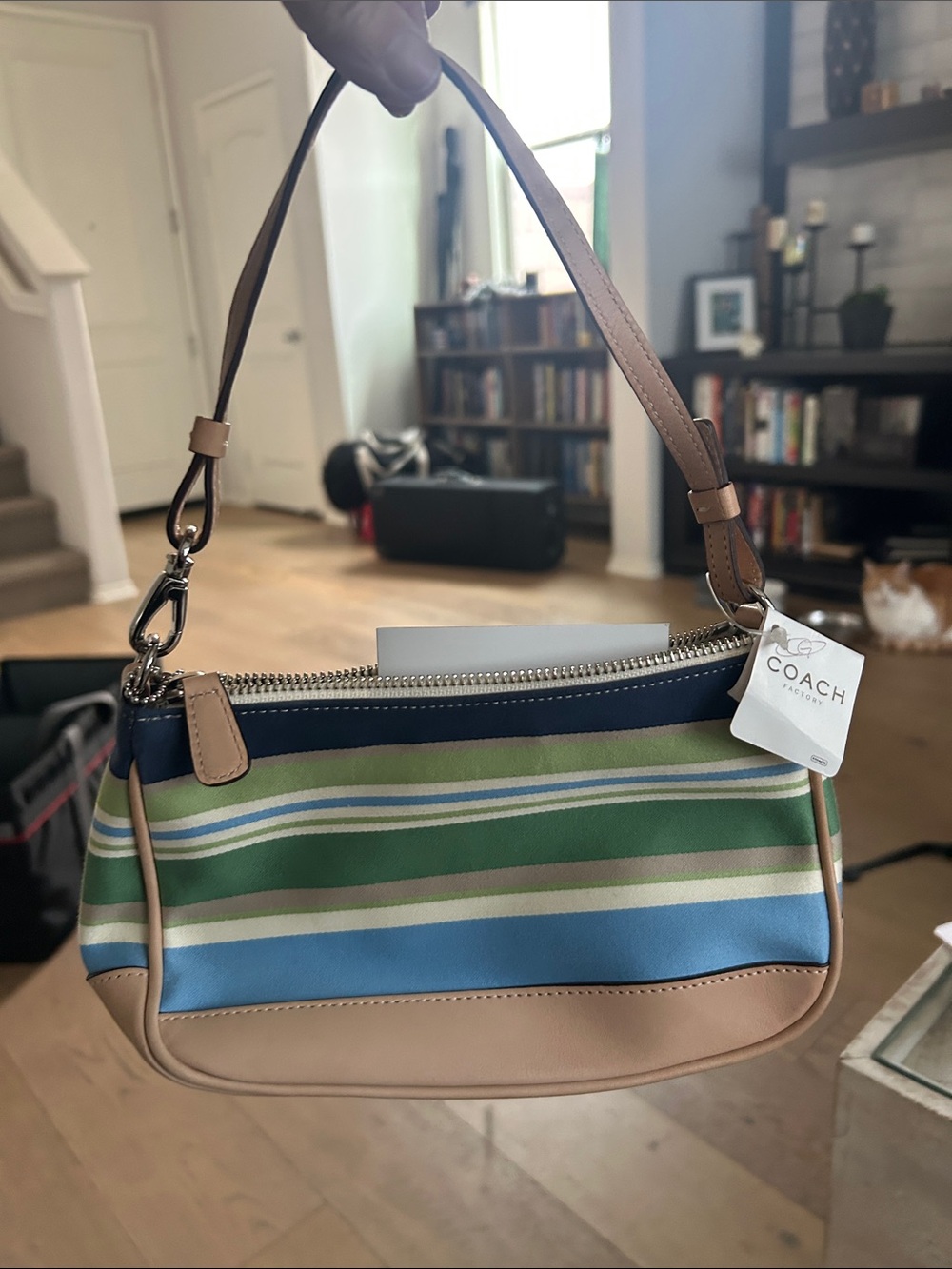 Coach Striped Canvas Shoulder Bag in Blue, Green & Tan